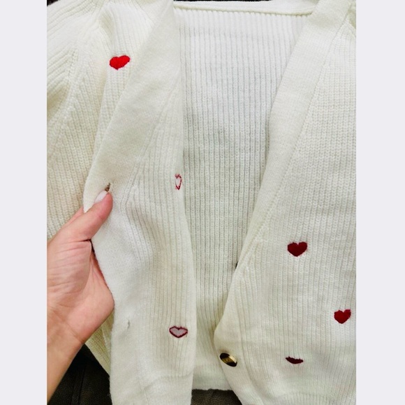 Red Hearts on Cream Knit Cardigan Oversized Long Sleeve Buttons Embroidered - Picture 15 of 15